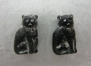 Glass Cat Beads Black w White Accents 15mm Sitting Cat Engraved Czech Glass 12pc