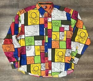 Vintage Tommy Hilfiger Shirt Mens Sz XL 90s Color Block Map Nautical Long Sleeve