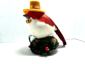 Vintage Feathered Red Bird Handmade Felt Hat Bowtie on Nest Holly Ornament