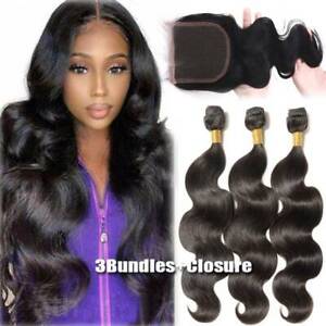 Pre Plucked 4*4 Lace Closure with 3Bundles Weft Peruvian Virgin Human Hair THICK