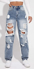 High Waisted Light Wash Straight Leg Torn Ripped Denim Jeans Women Size XL / 12