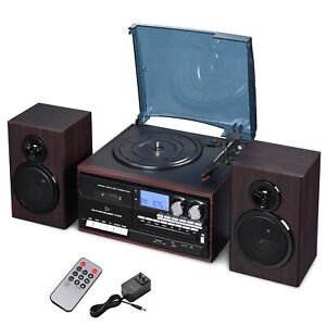 Bluetooth Wireless Stereo Record Player with Speaker Turntable AM/FM CD Cassette