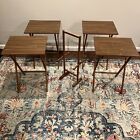 Vintage MCM SCHEIBE TV Table Wood Veneered Folding Trays Set Of 4 w/ Stand VGC