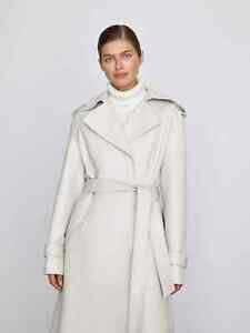 Woman long leather Trench Coat  White Woman leather Celebrity trench coat WC-031