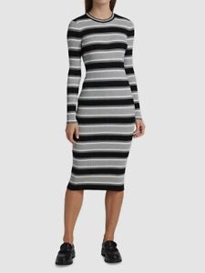 Theory Women's Sz Medium Gray Wool Striped-Knit Crewneck Midi Sweater Dress $445