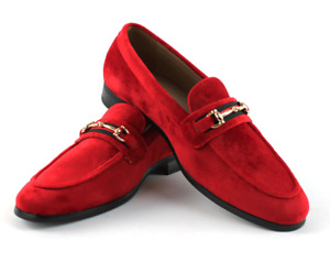Men's RED Velvet Slip On Gold Buckle Dress Shoes Loafers Formal By AZARMAN