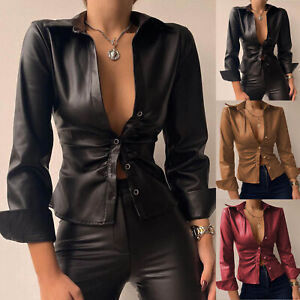 Womens Lapel PU Faux Leather Button Down Shirt Long Sleeve Slim Fit Blouse Tops‹