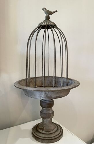 Vintage Grey Small Iron Bird Cage w/ Stand Rustic Ornate Details Design