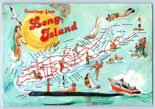 Long Island New York NY Postcard Greetings Map Diving Fishing 1996 Vintage