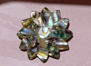 Vintage Brass JNS Taxco Mexico Sterling Silver Abalone Flower Brooch Pin Pendant
