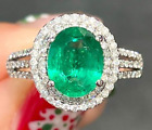 Emerald Natural and Diamond 14k Solid White Gold Ring All Sizes