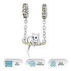 Authentic New Cat Lying on Safety Chain 925 Sterling Silver Women Bracelet Charm