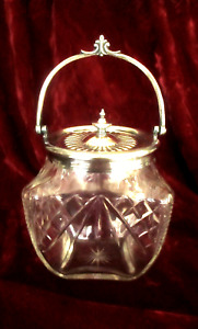 ANTIQUE 1920'S CUT CRYSTAL - E.P. SILVER BISCUIT BARREL - ENGLAND