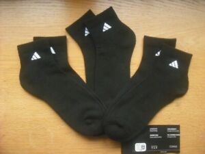 Mens NWT Adidas Quarter Ankle Socks 3prs Black w/White Logos Cushion Sz:L(8-12)