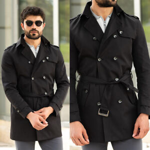 Men's Casual Black Trench Coat Double Breasted Lapel Long Coat with Waist Belt