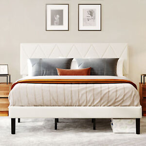 Full Queen King Size Bed Frame Upholstered Platform with Headboard Wood Slats