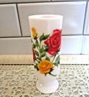 New ListingAvon Red + Yellow Roses Flowers White Milk Glass Mug Handled Pedestal Bud Vase