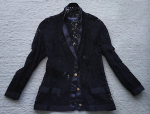 Chanel Boutique jacket black diaphanous camellia lace cardigan blazer blouse top