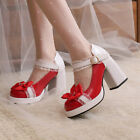 Women Sweet Bow Lace Candy Shoes Platform High Chunky Heel Mary Jane Shoes 40-43