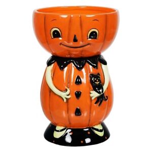 Johanna Parker Pumpkin Black Cat Vintage Style Halloween Standing Bowl Buddy