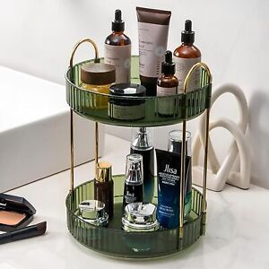2 Tier Rotating Makeup Organizer Lazy Susan Trays Skincare Perfume bathroom box