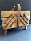 Vintage Poland Wood Sewing Box Expandable Accordian 3 Tier Wooden Footed Storage