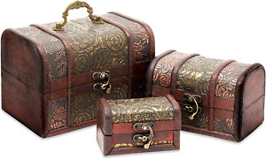 New Listing3-Set Small Wooden Treasure Chest Boxes with Flower Motifs Decorative Vintage