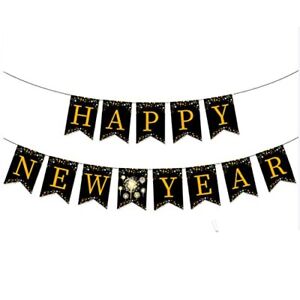 Black Happy New Year Banner - New Year Party Decoration with Golden Letters -...