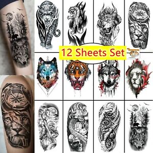 12 Sheets Temporary Tattoo Stickers Animal Tiger Wolf Lion Waterproof Body Art