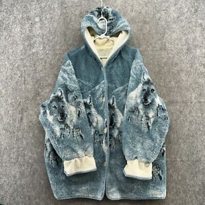 VTG CS Fleece Jacket Mens 2XL Blue Pack Wolf Deep Pile Graphic Winter Forest 90s