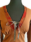 JOHNNY WAS Top CALME Lace Up NWT M or S Brown Ribbon V-neck EMPIRE Contrast Trim