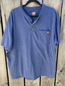 Men's Wrangler Blue Solid Henley T-Shirt 2XL Cotton Blend Light Workwear Stretch