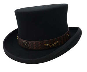 Different Touch Men's Steampunk Wool Top Hat with Leather Band and Chain