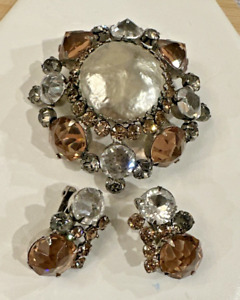 Vintage Schreiner? Dome Brooch & Matching ClipOn Earrings Smoky Topaz Faux Pearl