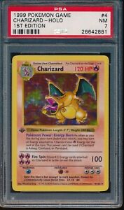 PSA 7 CHARIZARD 1999 Pokemon 1ST EDITION THICK STAMP SHADOWLESS #4/102 Holo NM