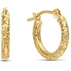 14K Real Solid Gold Hand Engraved Diamond-Cut Round Small Hoops Earrings 13mm
