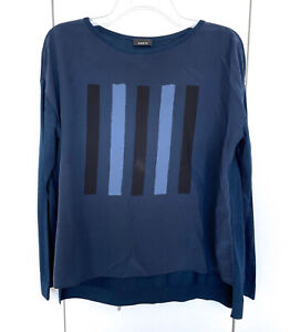 Akris Costellazion Bars Stripe Print Silk Blouse Sweater Knit Top Navy Blue 2