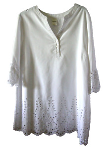 Ladies Blouse By Blair, Size XL, Solid White With Eyelet Trim, Preowned