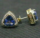 2.00Ct Trillion Cut Tanzanite & Diamond Solid Earrings 14k Yellow Gold Over