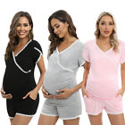 2pc/set Women's Nursing Breastfeeding Maternity Pajama Set Shirt Tee Tops+Shorts