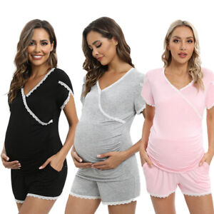 2pcs Women Nursing Pajamas Nightshirt Breastfeeding Short Sleeve Tops Shorts Set