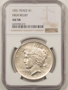 1921 PEACE DOLLAR - HIGH RELIEF NGC AU-58, WHITE