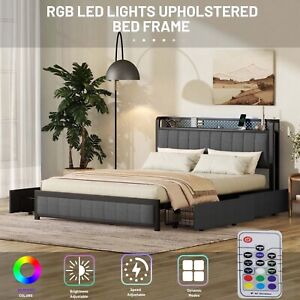 New ListingBed Frame with LED , Upholstered Bed with 4 Storage Drawers and USB Ports SALE