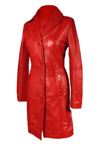 Womens Trench Coat Real Red Cow Leather Steampunk Goth Style Stylish Coat