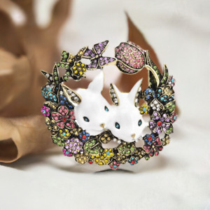 Multicolor Rhinestones Rabbit Brooch Pin - Leather Jewelry Pouch / Box Included