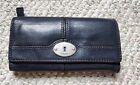 Fossil Wallet Trifold Black Marlow Flap Clutch Pebbled Leather Maddox