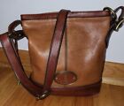 Fossil Maddox Large Deep Sienna Brown 2-Tone Leather Bucket Hobo Shoulder Bag
