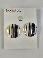Style & Co Black Silver Cream Stripe Button Clip On Earrings Women's Jewelry