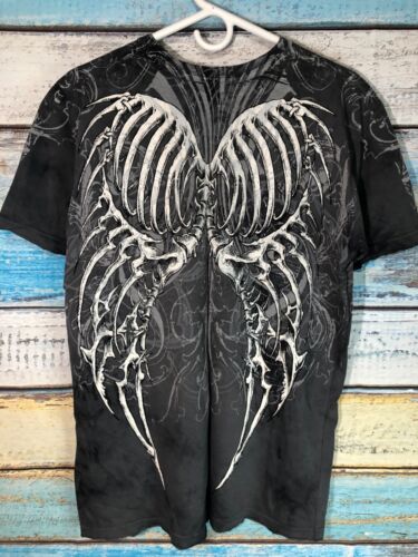 Affliction RARE T Shirt Mens Large Gray Skull Cross Huge Back Skeleton Wings