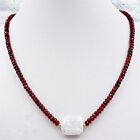 Faceted 2x4mm Red Garnet Natural 15x20mm White Baroque Pearl Pendant Necklace